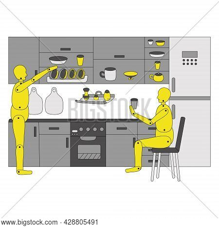 Stylish Kitchen Set With Accessories, Shelves, Dishes, Refrigerator And Chair. Vector Illustration. 