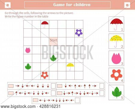 A Game For Children. Development Of Spatial Thinking. Go Through The Cells, Following The Arrows To 