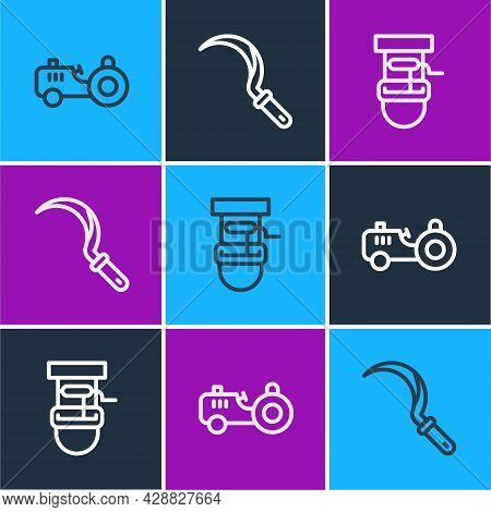 Set Line Tractor, Well With Bucket And Sickle Icon. Vector