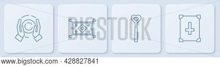 Set Line Magic Ball On Hand, Wand, Carpet And Ancient Magic Book. White Square Button. Vector