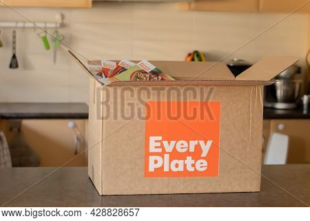 Sydney, Australia 2021-07-17 Every Plate Meal Kit In A Cardboard Box On A Kitchen Counter. Everyplat