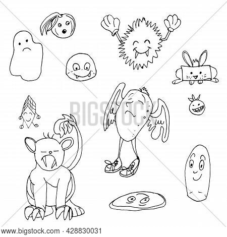 Set Of Hand Drawn Doodle Monsters. Outline. Vector Stock Illustration.