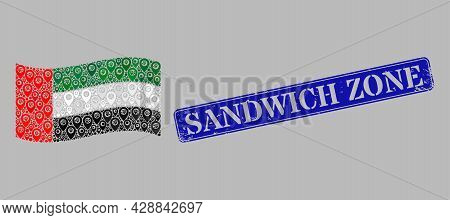 Mosaic Targeting Waving United Arab Emirates Flag Created With Place Items, With Grunge Blue Rectang