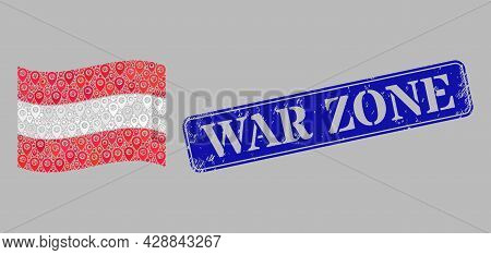 Mosaic Pointer Waving Austria Flag Designed With Map Items, With Grunge Blue Rectangle War Zone Stam