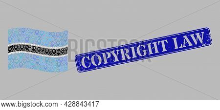 Mosaic Pointer Waving Botswana Flag Designed Of Point Icons, With Distress Blue Rectangular Copyrigh
