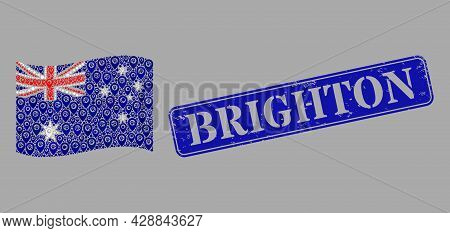 Mosaic Targeting Waving Australia Flag Constructed Of Navigate Items, With Textured Blue Rectangular