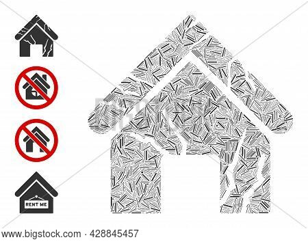 Linear Collage Old Home Icon United From Thin Items In Variable Sizes And Color Hues. Linear Element