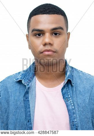 Passport Photo Of Serious Brazilian Young Adult Man With Braces Isolated On White Background For Cut