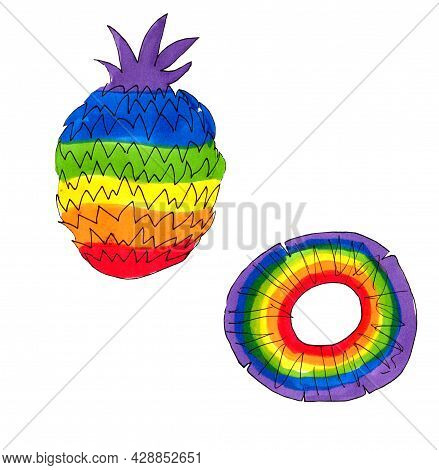 Illustration Of A Rainbow Pineapple And A Piece Of Pineapple