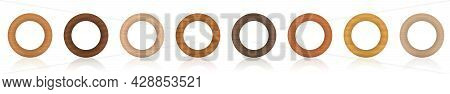 Wooden Rings. Collection Of Polished Wood Circles, Different Colors, Glazes, Textures From Various T