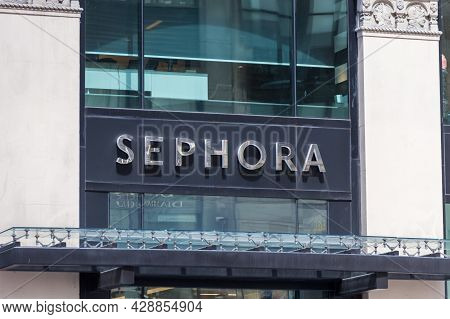New York, Usa - May 15, 2019: Sephora Logo On Sephora Shop. Sephora Is A French Chain Of Personal Ca