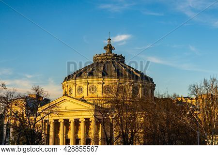 Detail View Over The Romanian Athenaeum Or Ateneul Roman, In The Center Of Bucharest Capital Of Roma