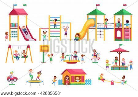 Kids Playground. Children Swing And Slides Garden, Colorful Bright Rides, Toddlers Play In Park, Car