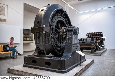 Munich, Germany - September 14, 2018: A Two-phase Synchronous Motor In German Museum.