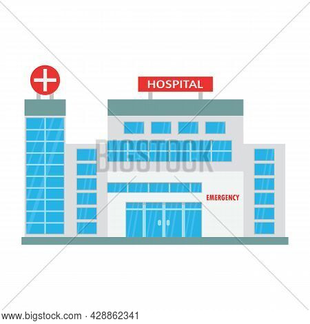 Hospital Building With Many Glass Windows. Hospital Outside Vector Illustration. Architecture With G