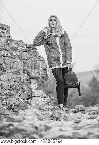Just Relaxing. Girl Long Hair And Small Backpack. Woman In Tweed Wool Jacket. Wear Short Woolen Coat