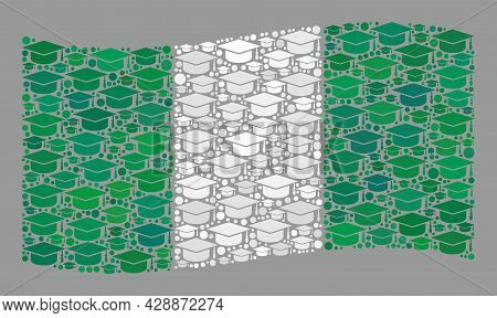 Mosaic Waving Nigeria Flag Constructed With Learning Cap Elements. University Vector Mosaic Windy Ni