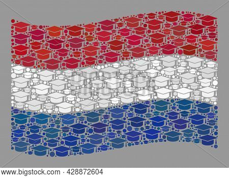 Mosaic Waving Netherlands Flag Designed With Student Cap Items. Student Vector Collage Windy Netherl