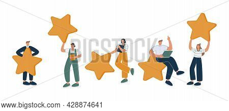 Happy People Are Holding Review Stars Over Their Heads. Five Stars Rating. Customer Review Rating An