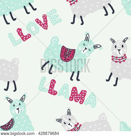 Pastel Colored Seamless Pattern Of Lamas And Text Llama Llove. Perfect For T-shirt, Textile And Prin
