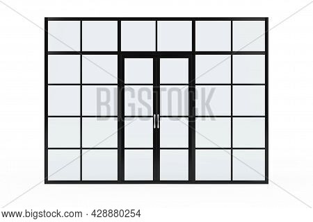 Glass Wall , Glass Room Divider With Doors On A White Background. 3d Rendering