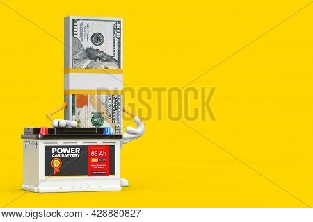 Stack Of One Hundred Dollar Bills Person Character Mascot And Rechargeable Car Battery 12v Accumulat