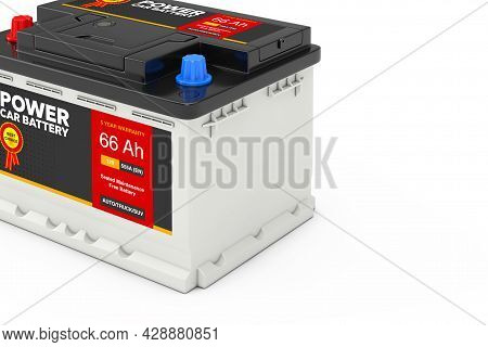 Rechargeable Car Battery 12v Accumulator With Abstract Label On A White Background Extreme Closeup. 