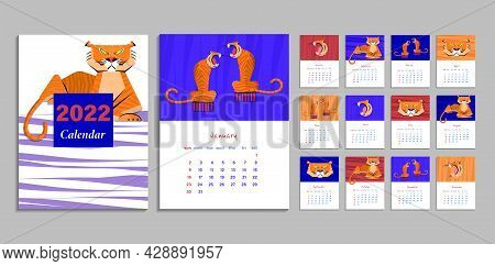 Calendar 2022. Roaring Tigers. Symbol Of 2022. Flat Vector Illustration.