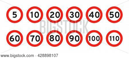 Speed Limit 5, 10, 15, 20, 30, 40, 50, 60, 70, 80, 90, 100 Round Road Traffic Icon Sign Flat Style D