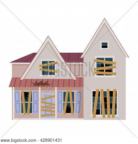 Old Abandoned House Cartoon. Decaying Suburban Cottage With Broken Windows. Vector Illustration In A