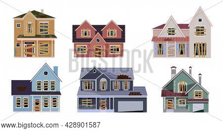 Old Abandoned House Cartoon Collection. Decaying Suburban Cottage With Broken Windows. Vector Illust