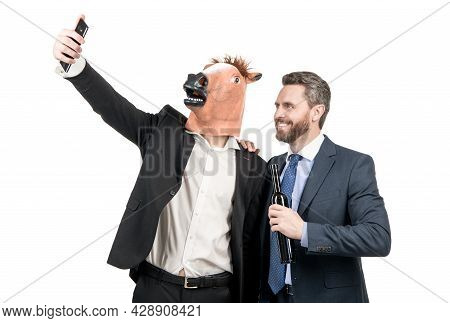 Happy Professional Man In Horse Head Mask And Drunk Manager Take Self-portrait With Phone, Selfie