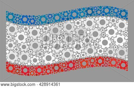 Mosaic Waving Crimea Flag Designed With Mechanic Elements. Vector Gear Wheel Mosaic Waving Crimea Fl