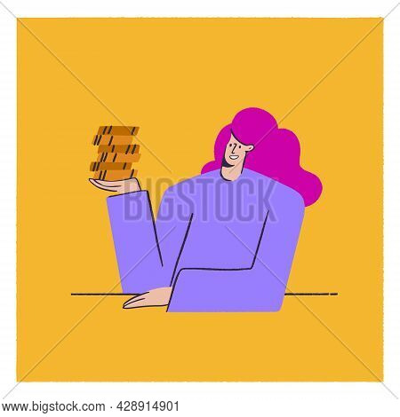 Beautiful Smiling Young Woman Holding Coins In Hand. Girl With Money. Concept Of Business In Real Es