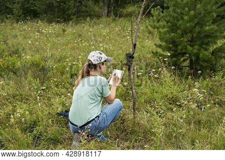 Young Woman Scientist Zoologist Writing Down Data From Trap Camera To Notepad, Observing Wild Animal