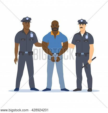 Police Officers Arresting The Criminal. The Criminal Is Handcuffed. Vector Illustration.