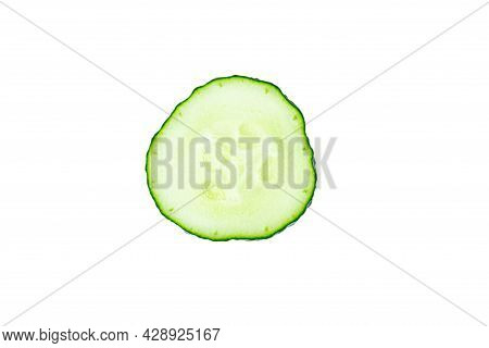 Fresh Cucumber Single Slice Or Cross-section Isolated On White Background.