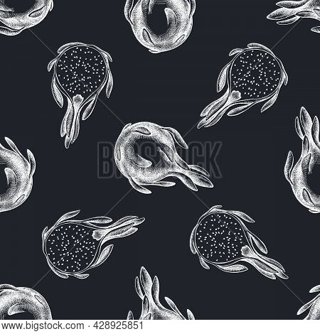 Seamless Pattern With Hand Drawn Chalk Pitaya Stock Illustration