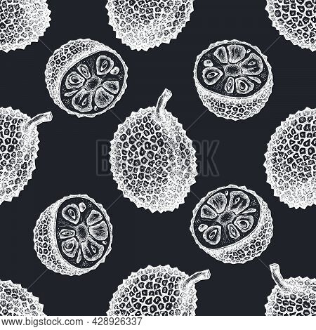 Seamless Pattern With Hand Drawn Chalk Jackfruit Stock Illustration