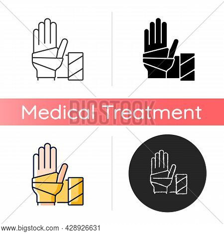Medical Bandage Icon. Bandaged Hand. Sterile Wound Dressing. Stop Bleeding. Medical Gauze. Supportin