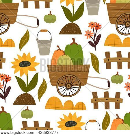 Autumn Seamless Pattern With Cartoon Pumpkins, Bucket, Cart, Sunflower, Decorative  Elements. Season