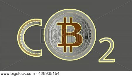 Energy Consumption Calculation. Bitcoin Carbon Footprint Concept. Co 2 Inscription Isolated On A Gra