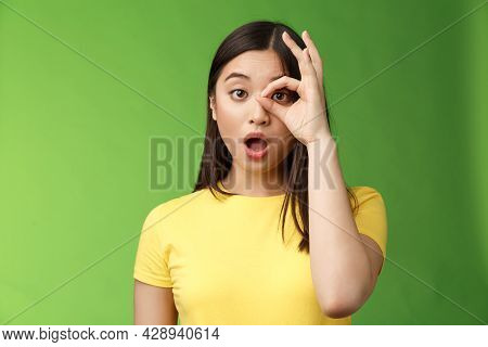 Amazed Speechless Cute Asian Young Girl Drop Jaw Astonished, Look Through Ok Circle Sign, Drop Jaw S