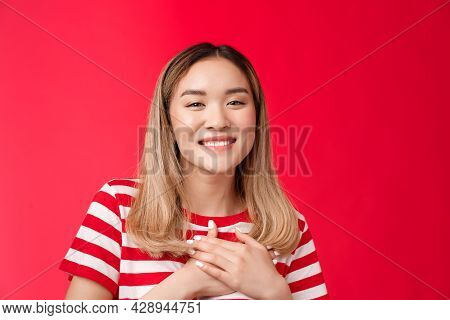 Close-up Tender Touched Young Charming Asian Blond Girl Press Palms Heart Thankful Smiling Broadly A
