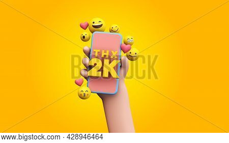 Thanks 2k Social Media Supporters. Cartoon Hand And Smartphone. 3d Render.