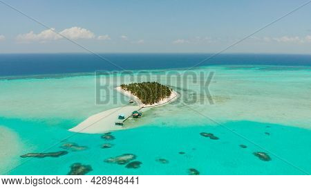 Sand Beach And Tropical Islands By Atoll With Coral Reef, Top View. Onok Island, Balabac, Philippine