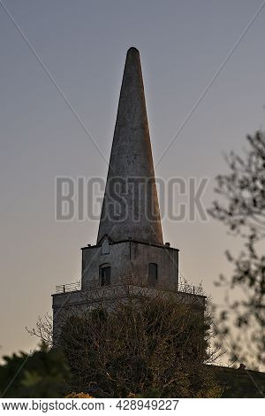 Beautiful Closeup Evening View Of Killiney Obelisk And Wild Yellow Gorse (ulex) Flowers Growing Ever