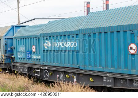 Dzialoszyn, Poland - 07.25.2021 -railway Carriages Of The Pkp Cargo Company In Dzialoszyn
