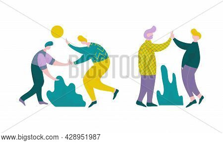 Man Character Giving High Five Interacting With Each Other Vector Set