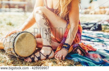 Henna At The Womans Leg And Djembe.